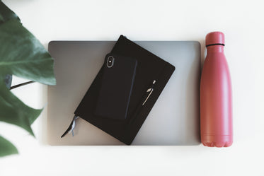 flatlay of a laptop with a splash of pink