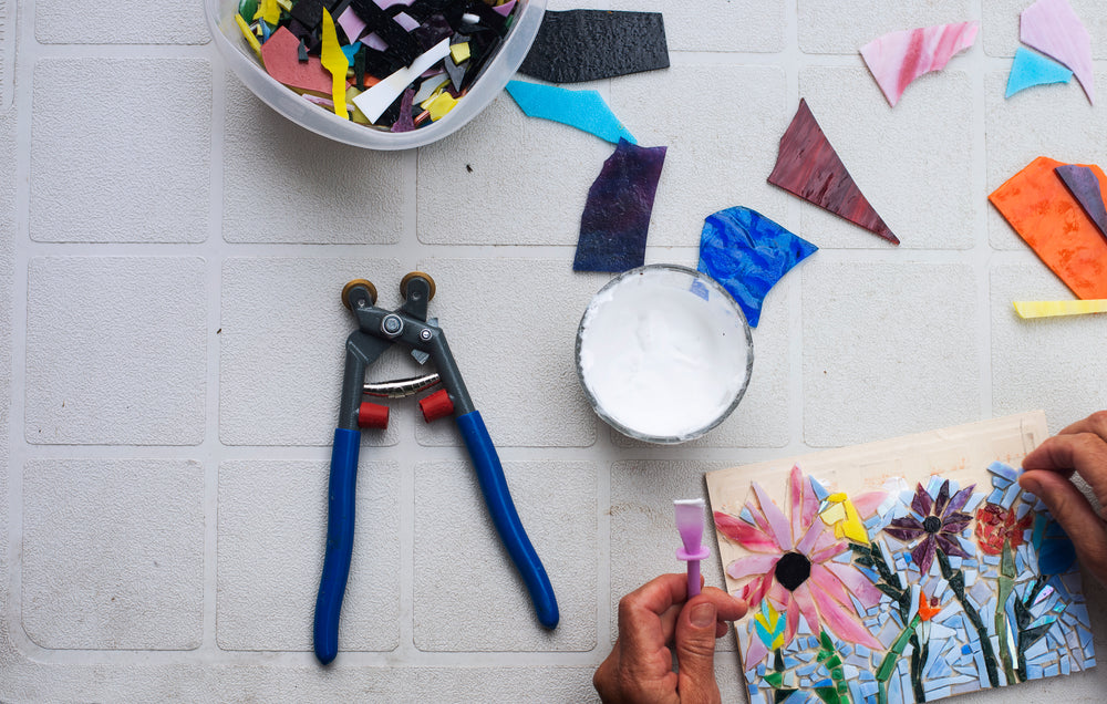 flatlay of a mosaic artist at work