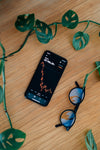 flatlay of a phone display with glasses and a green vine