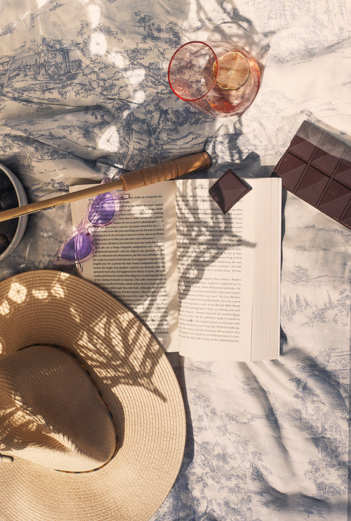 flatlay of a picnic in the shadow of a lace umbrella