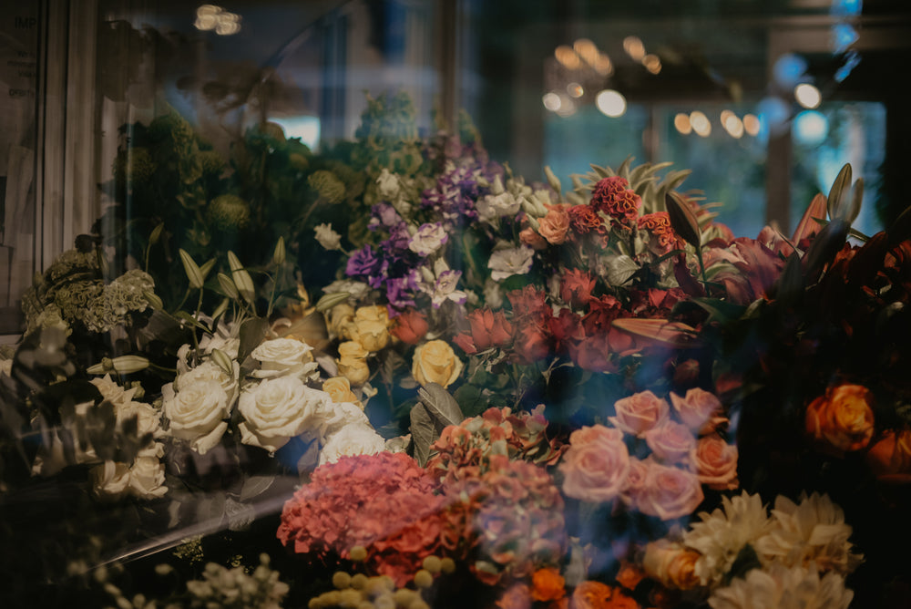 florist display through glass window
