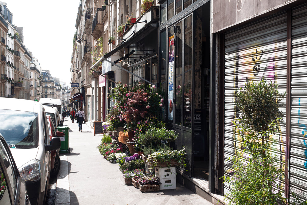 flowers, plants and graffiti outside a flower shop