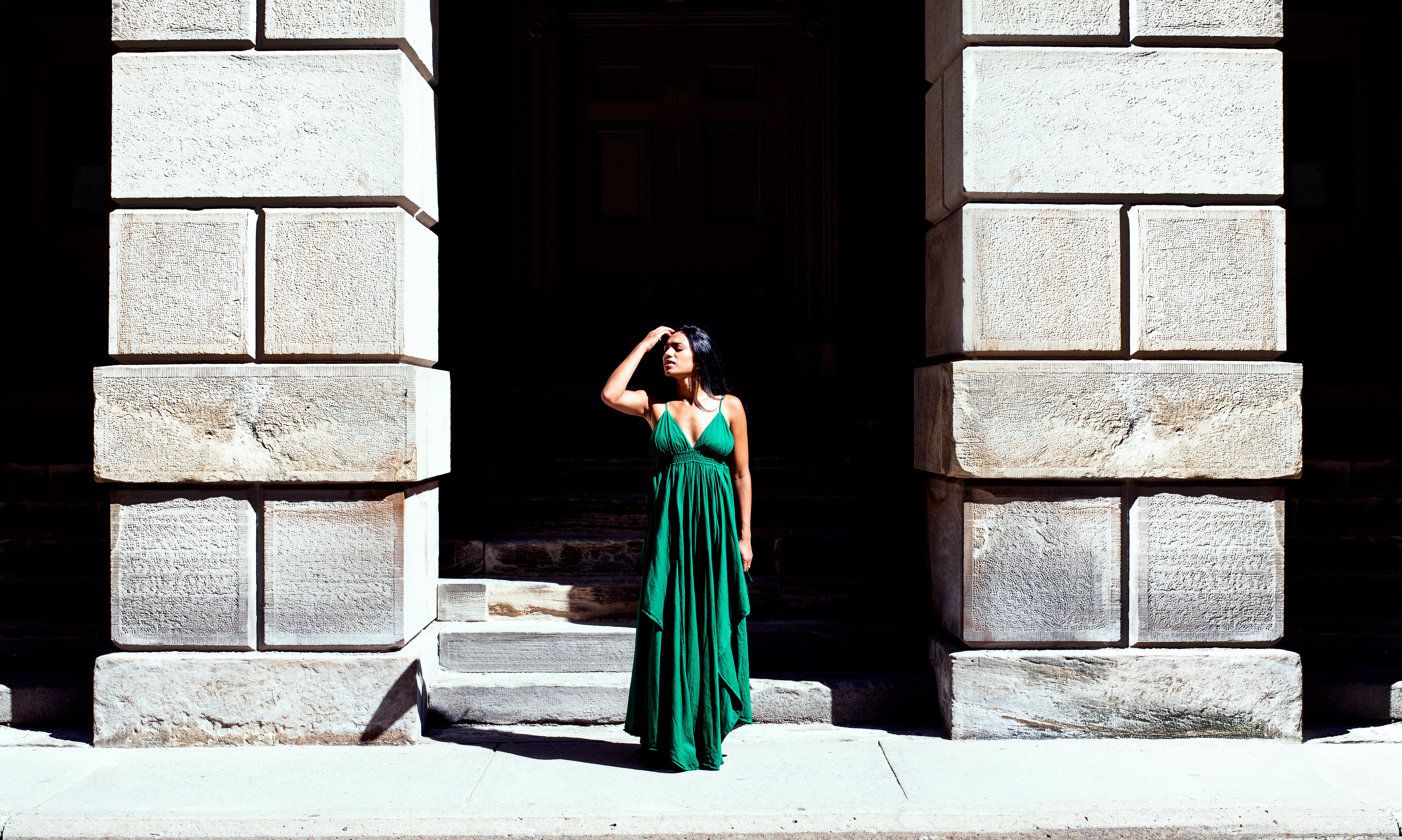 Browse Free HD Images of Flowy Green Summer Dress On Model