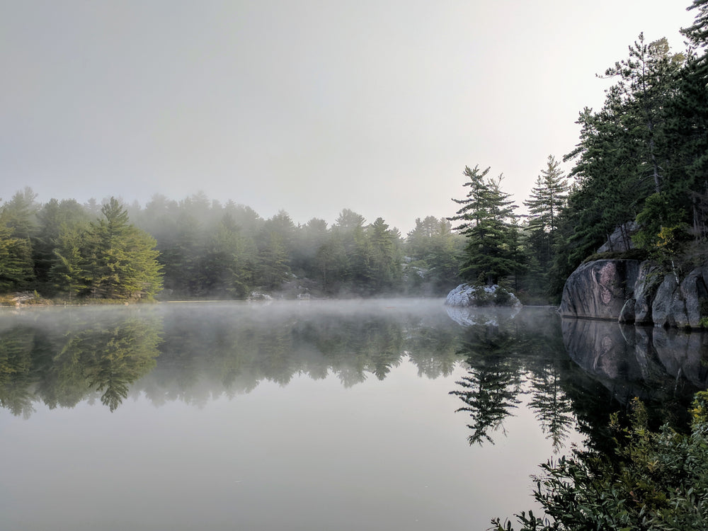 fog lingers over calm lake