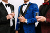 formal tuxedos in red black and blue