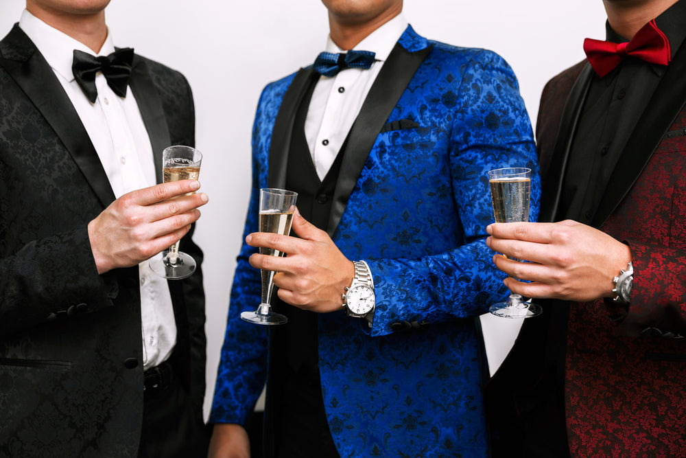 formal tuxedos in red black and blue