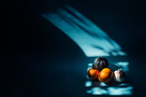 four pumpkins in a beam of light