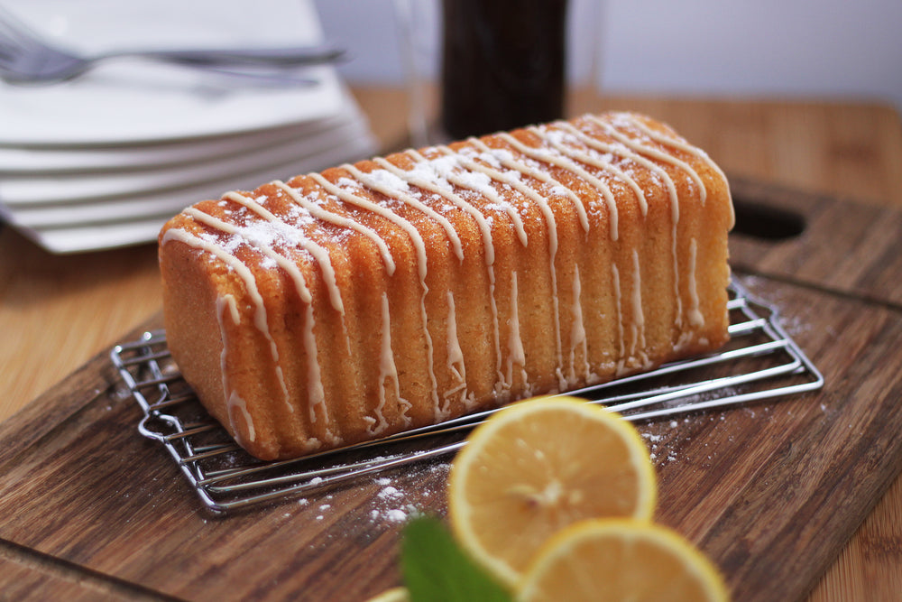 freshly baked lemon cake with powdered sugar