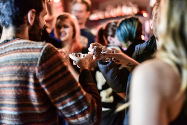 friends cheers with shot glasses in bar