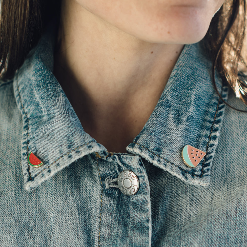 fruit pins on jean jacket