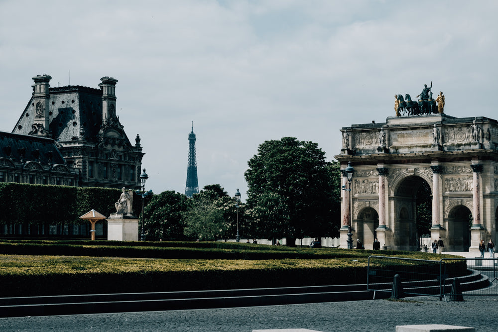 gardens with the arc de triomphe and the eiffel tower