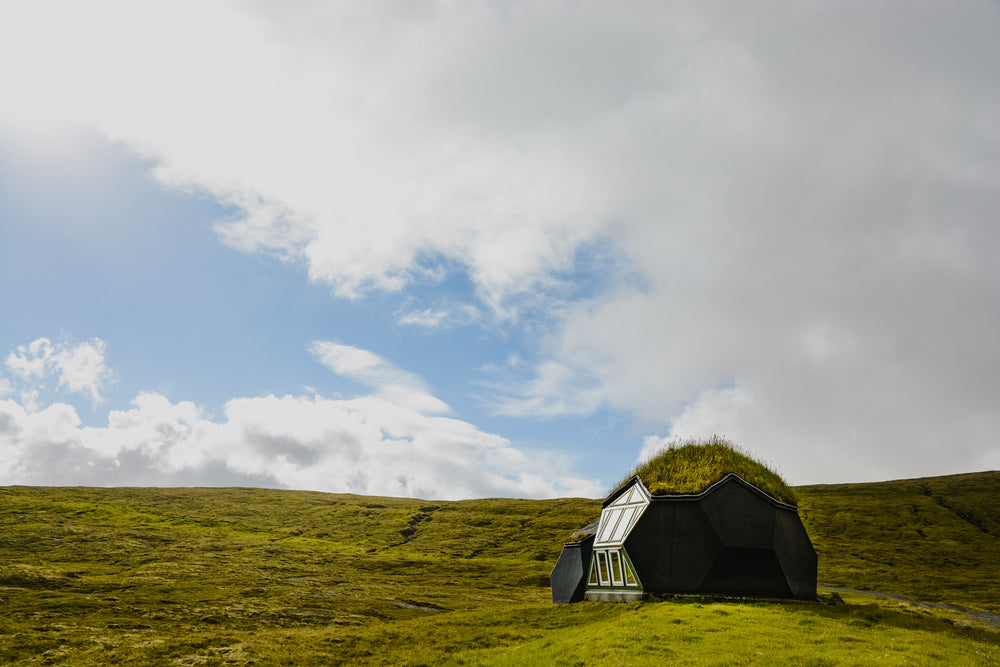 geodesic dome home stands tall in lush field of green grass