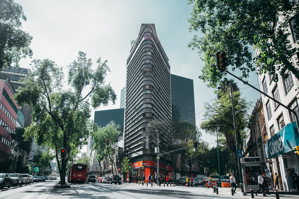 glass building in tropical city