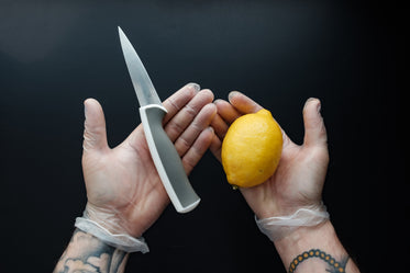 gloved hands holding a knife and lemon