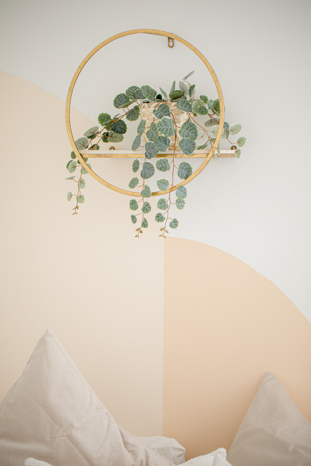 gold circular shelf with a plant on it