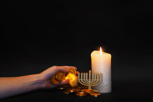 gold hanukkah gelt and menorah