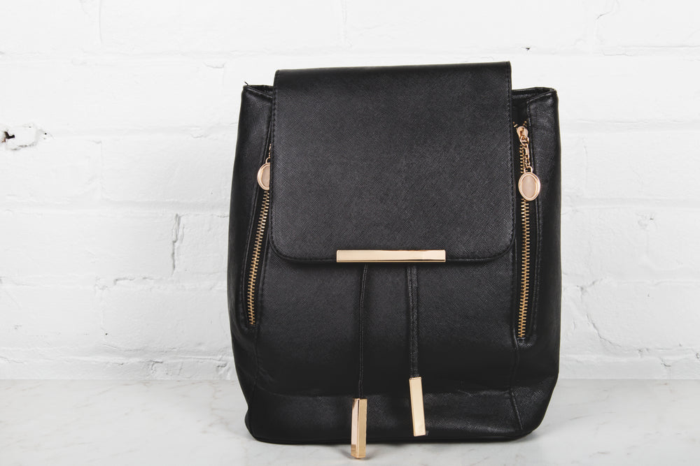 gold zipper on black fashion backpack