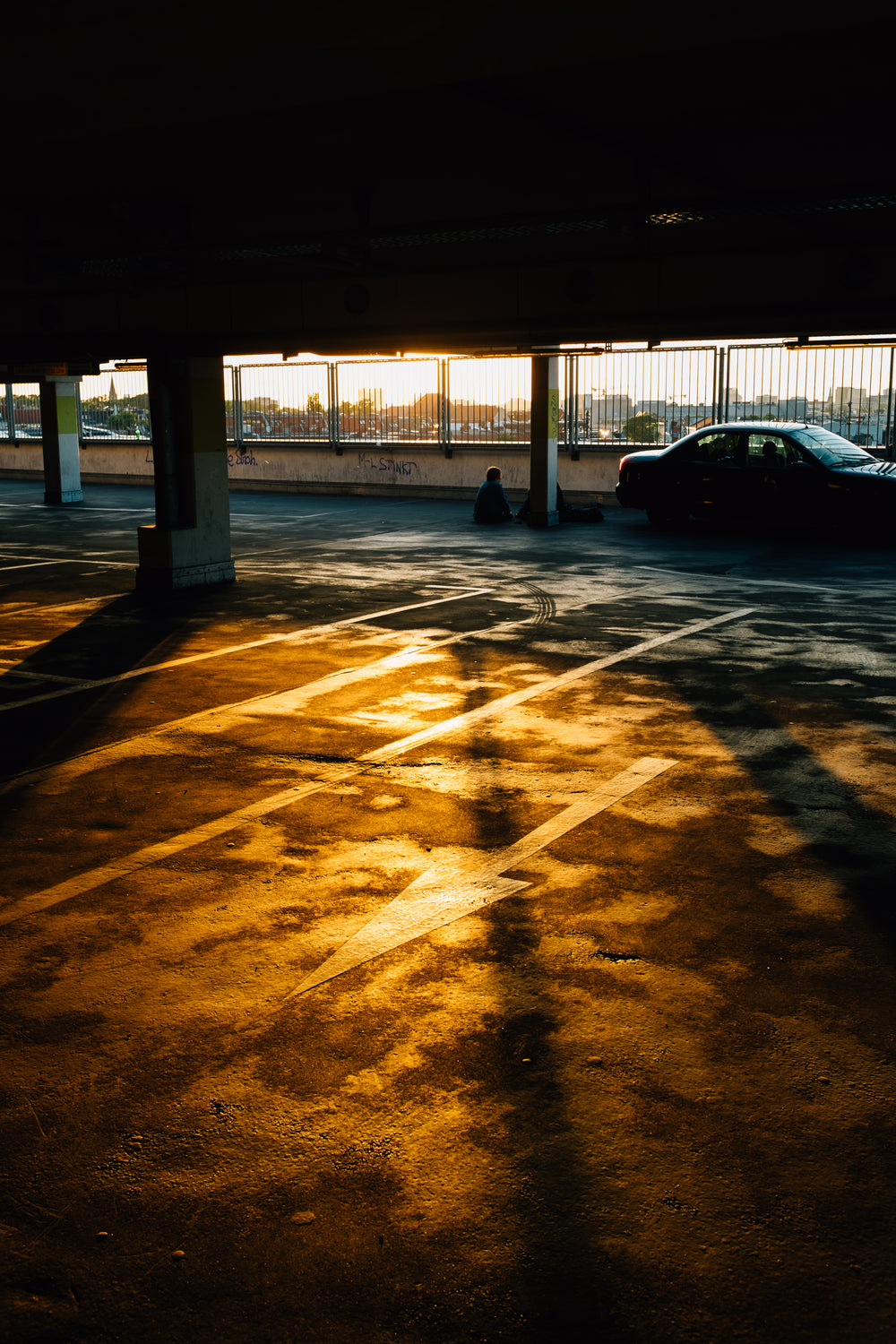 golden hour lights up empty parking garage