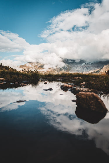 grass lined water reflecting the clouds and blue sky