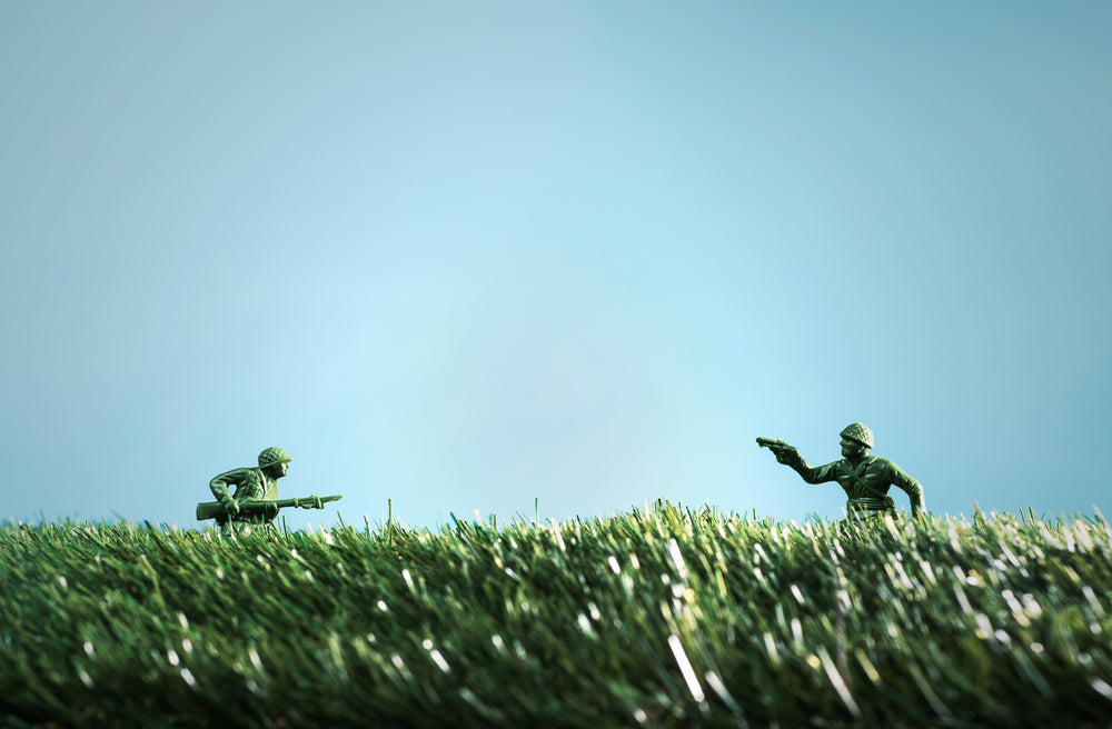 grassy fiels with armed toy soldiers