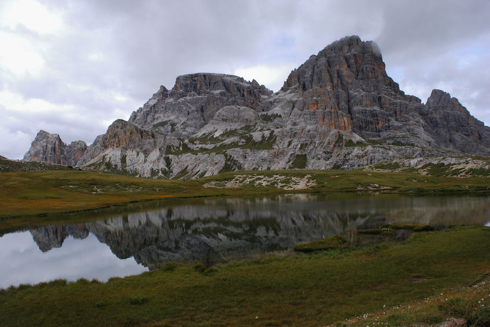 grassy pond with a grey mountain behind