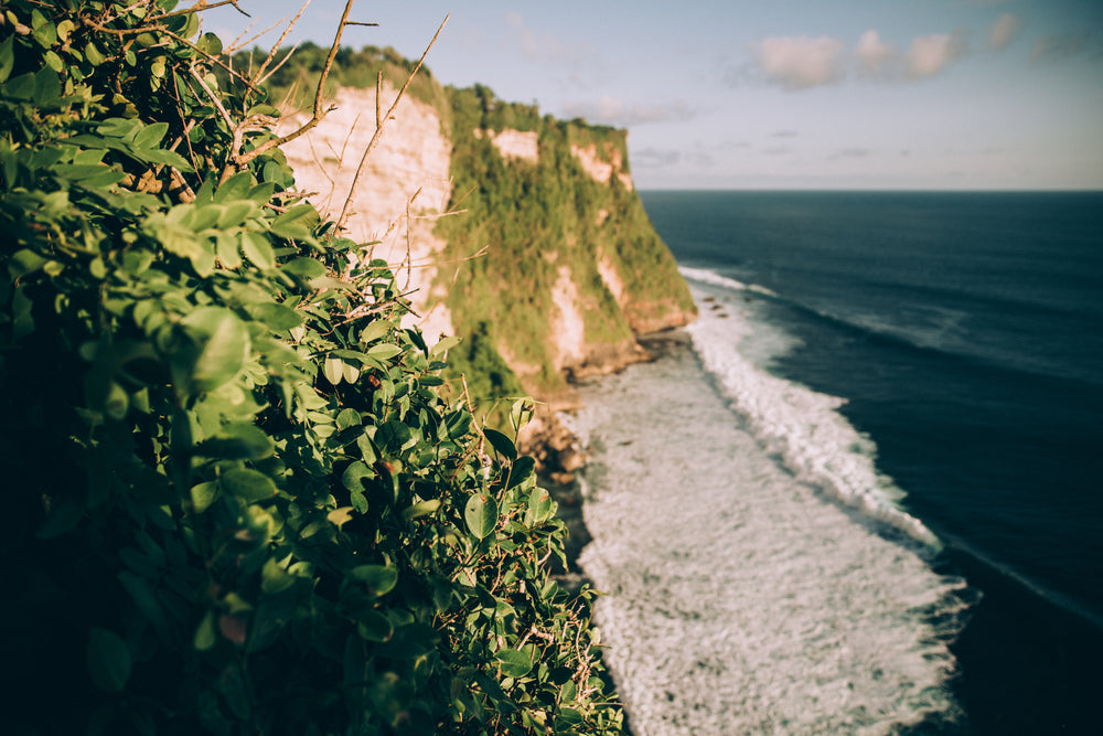 green covered cliffs meet crashing waves