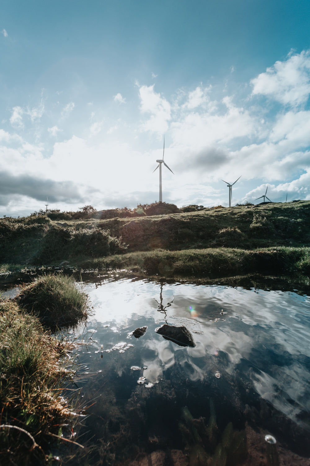 green hill side with windmills by blue water