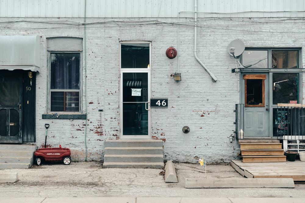 grey brick building front