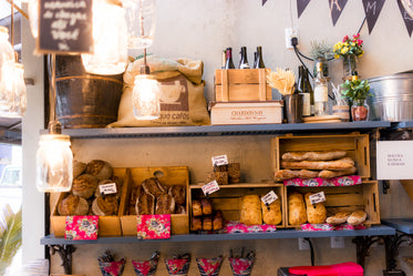 grocery shelves with food