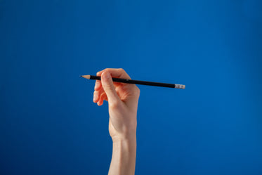 hand holding black pencil on blue background