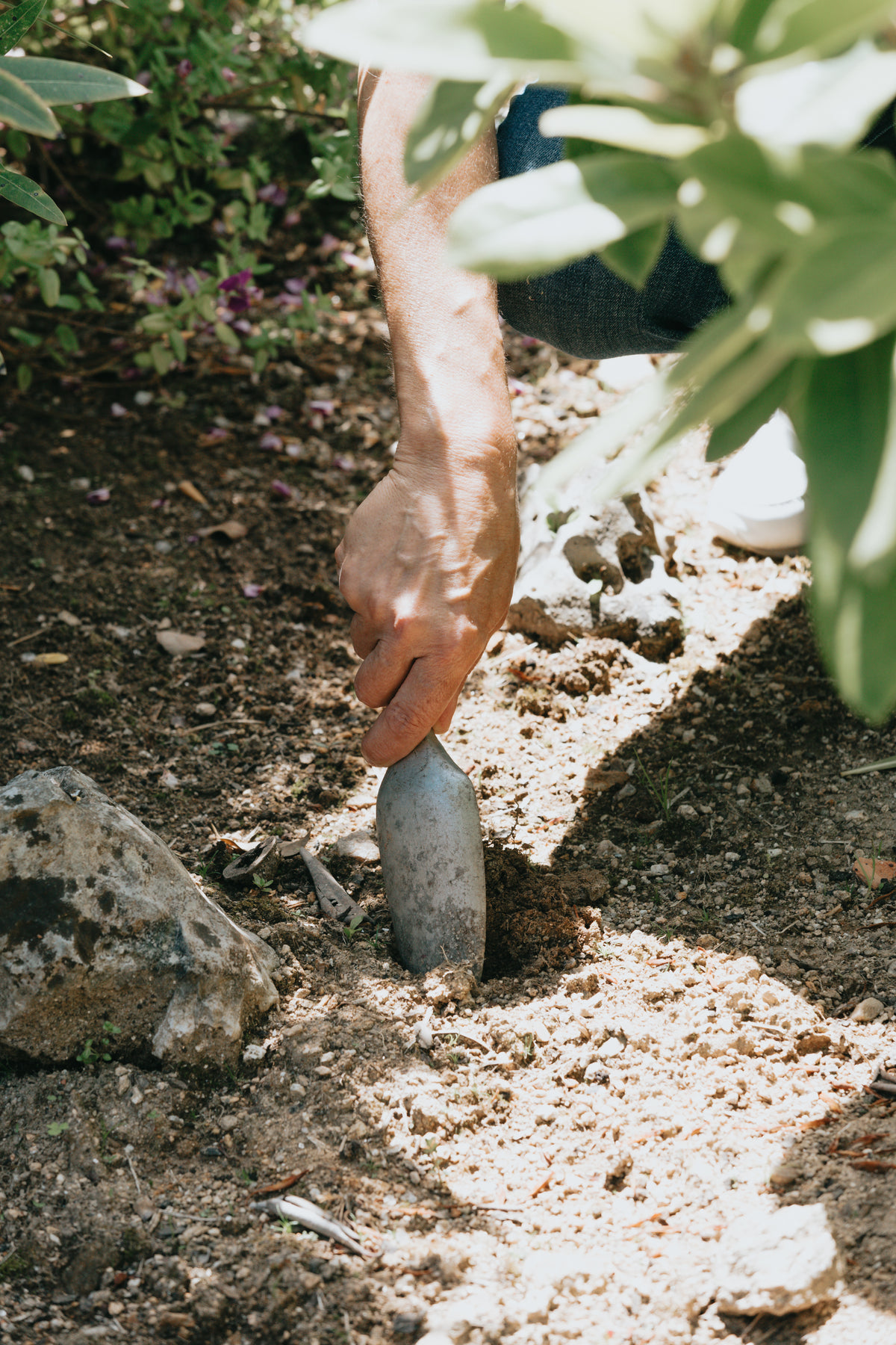 hand holds a gardening trowel with the tip of it in the dirt