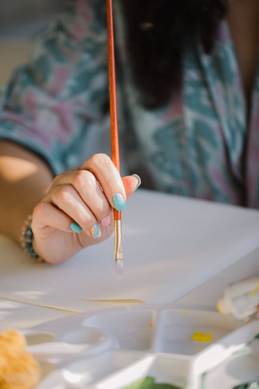 hand holds a paintbrush over white paper