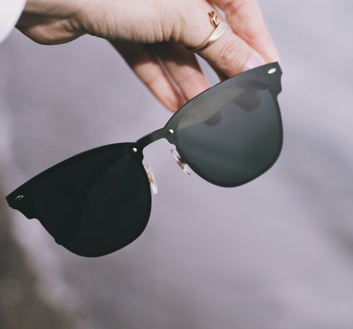 hand holds a pair of black sunglasses