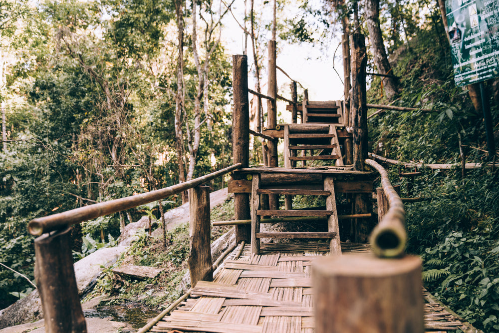 handmade multilevel walking bridge in forest