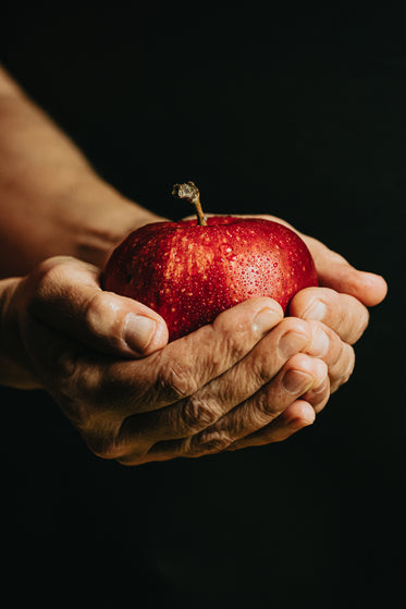 hands cup a red apple against a black background