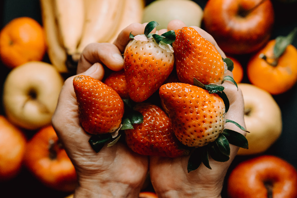 hands cup ripe strawberries with other fruit below