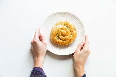 hands hold a plate of spanakopita