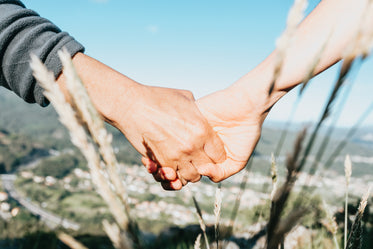 hands hold each other in front of distant view