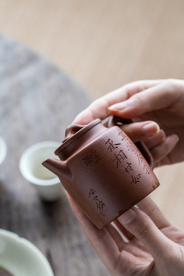 hands holding teapot up to natural light