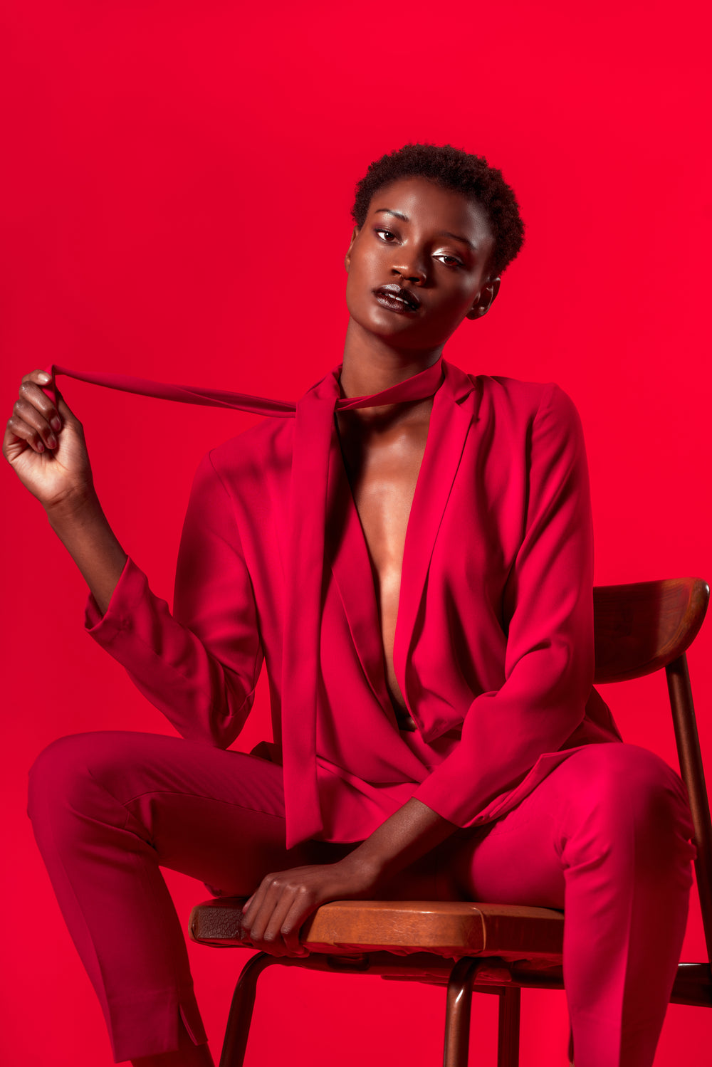 high fashion model in red suit