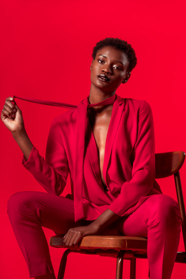 high fashion model in red suit