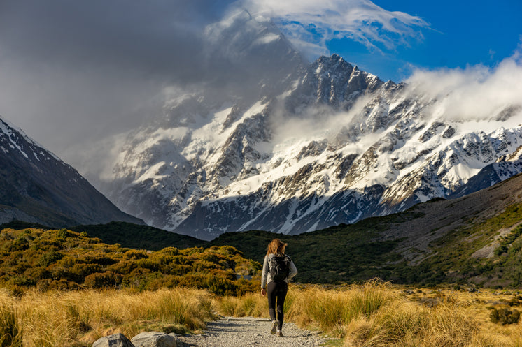 Hiker Approaches Snow-capped Mountains
