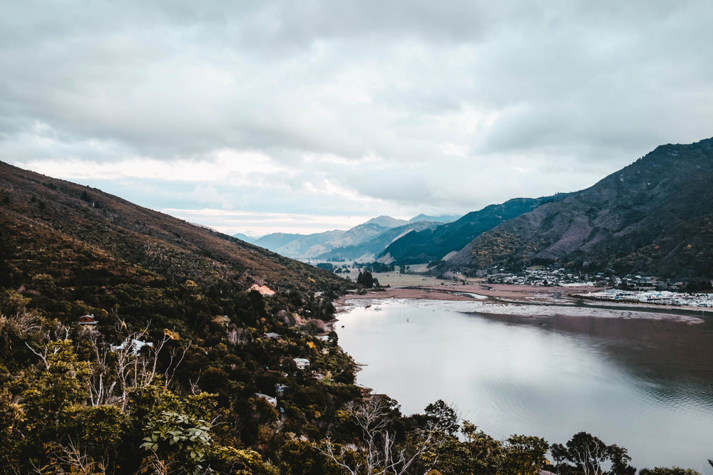 hillside lake and town