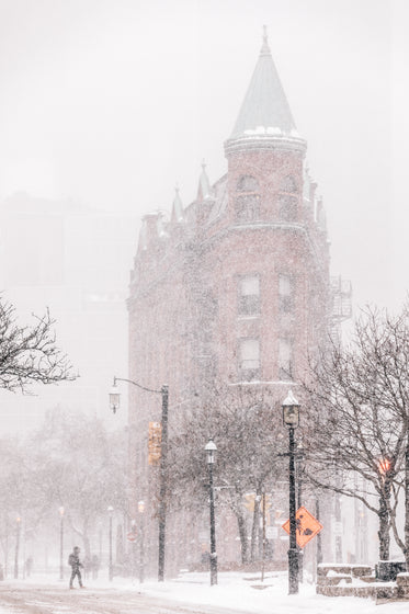 historic building in snow storm