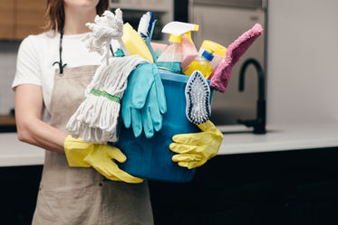 holding bucket of cleaning supplies