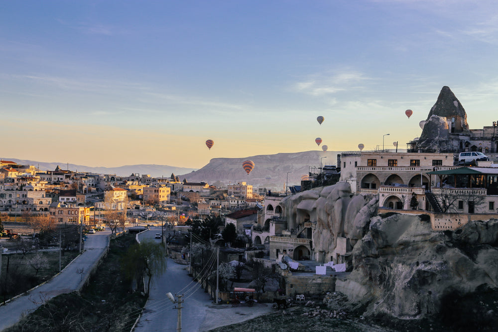 hot air balloons above landscape