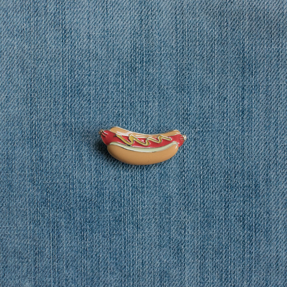 hotdog enamel pin denim