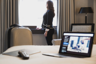 hotel room businesswoman after check in