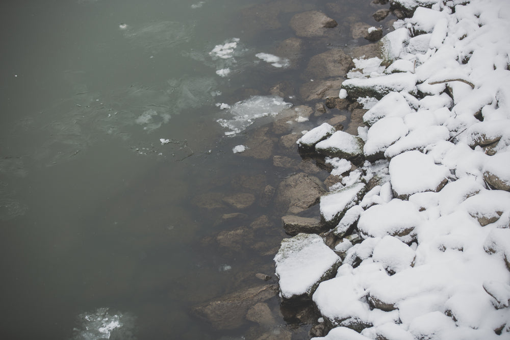 ice and snow on rocky shore