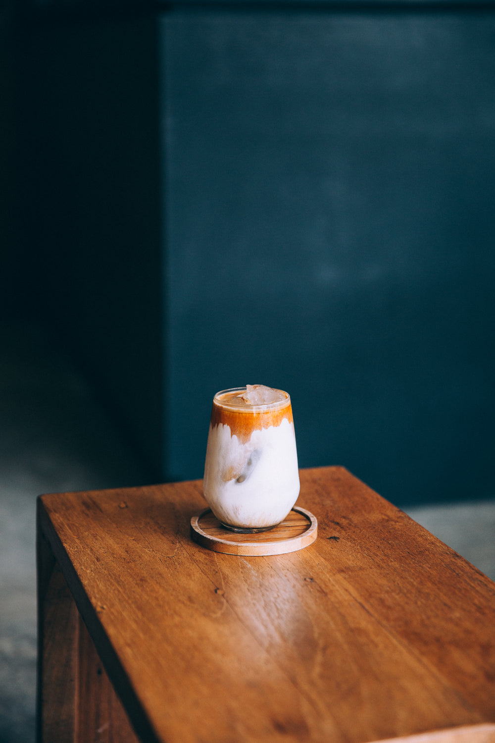 ice cold affogato coffee on wooden table